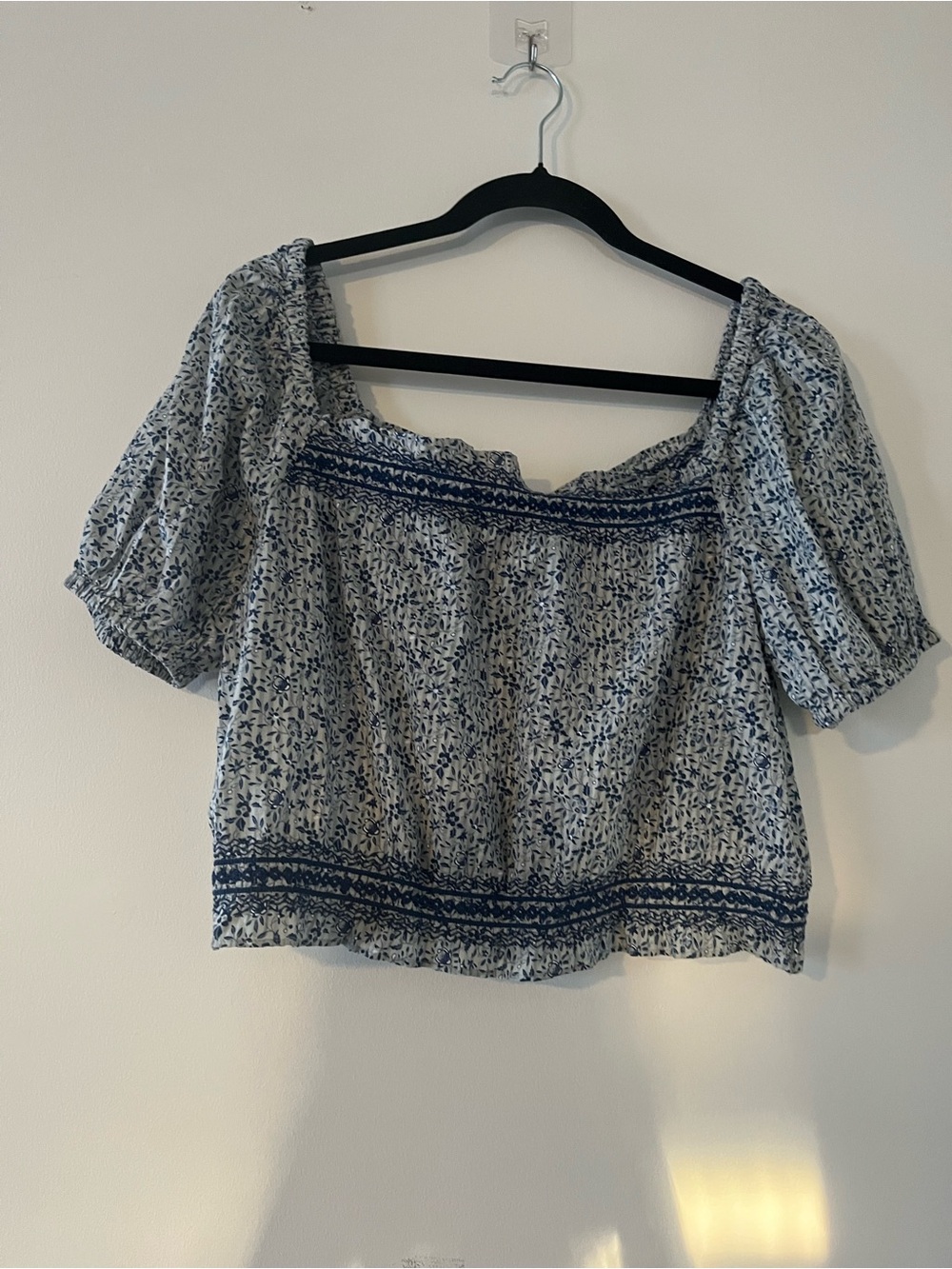 NWT Madewell Blue White Floral Puff Sleeve Crop Top Medium Cottagecore Cotton